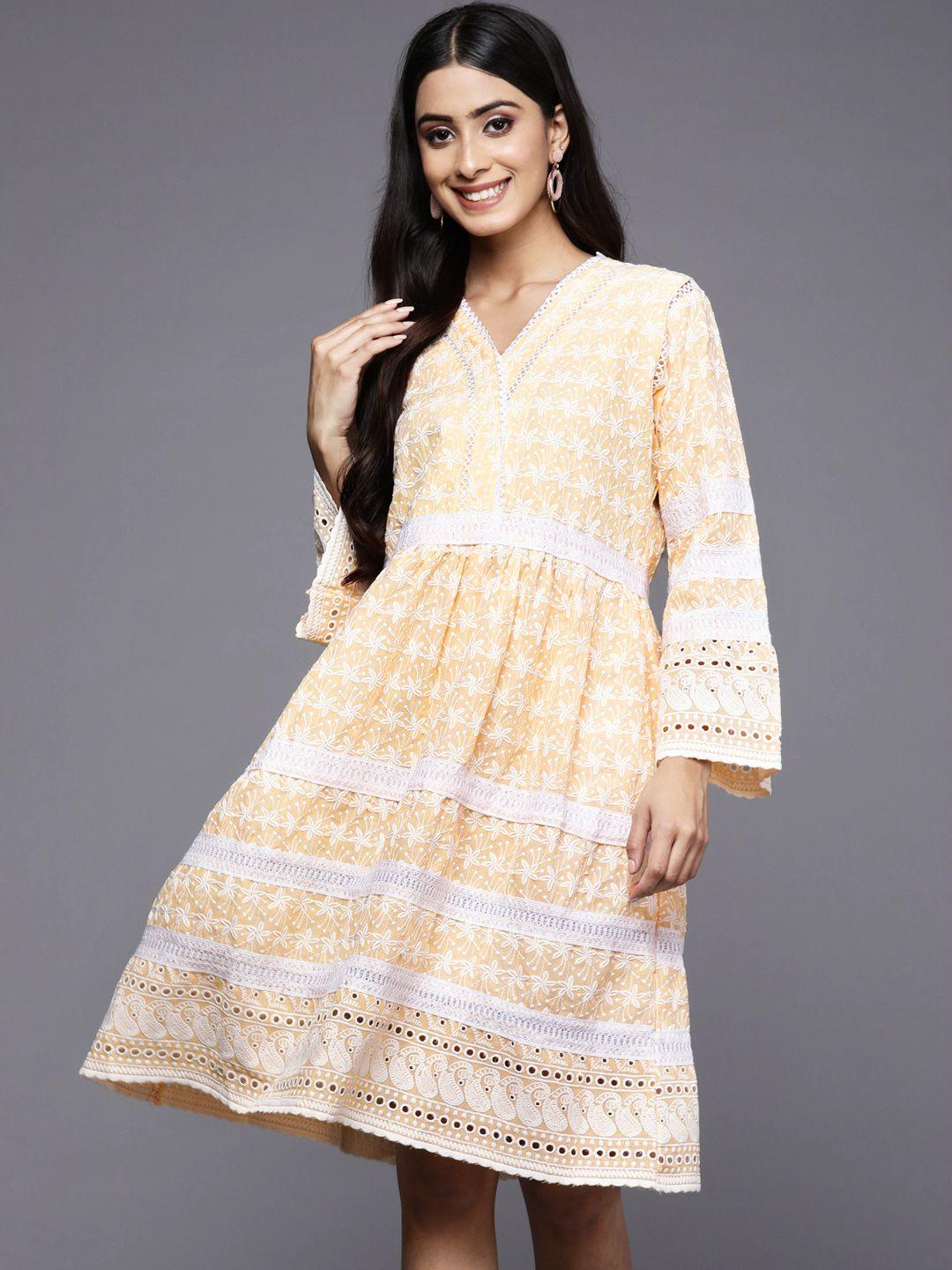indo era yellow floral embroidered ethnic a-line dress