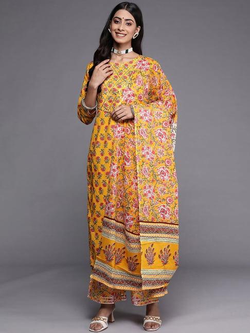 indo era yellow floral print kurta pant set with dupatta