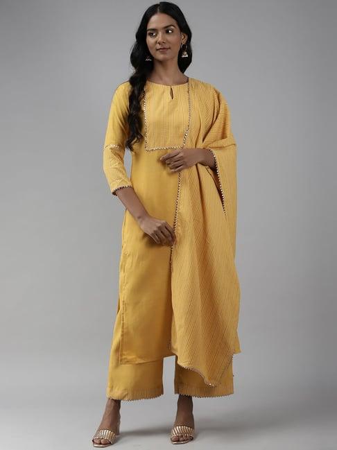 indo era yellow printed kurta palazzo set with dupatta