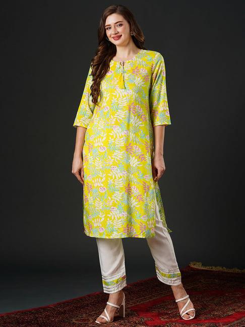 indo era yellow printed kurta pant set