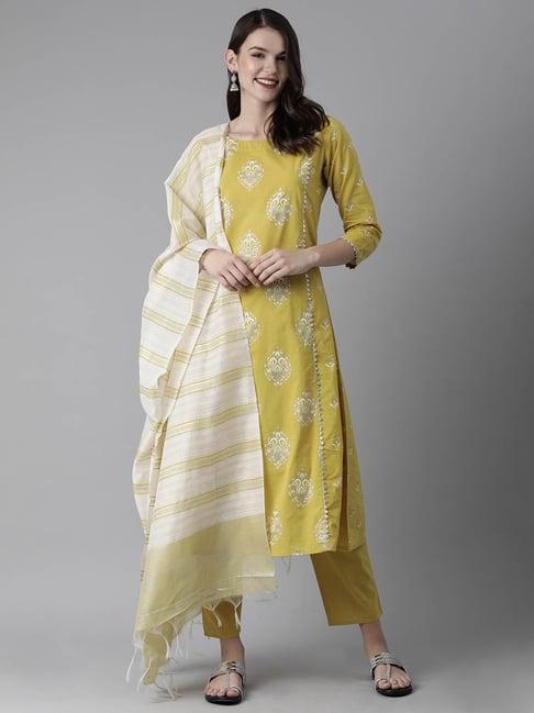 indo era yellow printed kurta with pant & dupatta