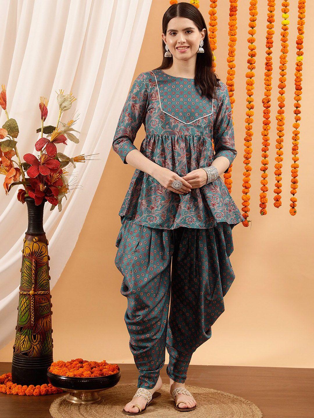 indo street  floral printed regular gotta patti kurti with dhoti pants