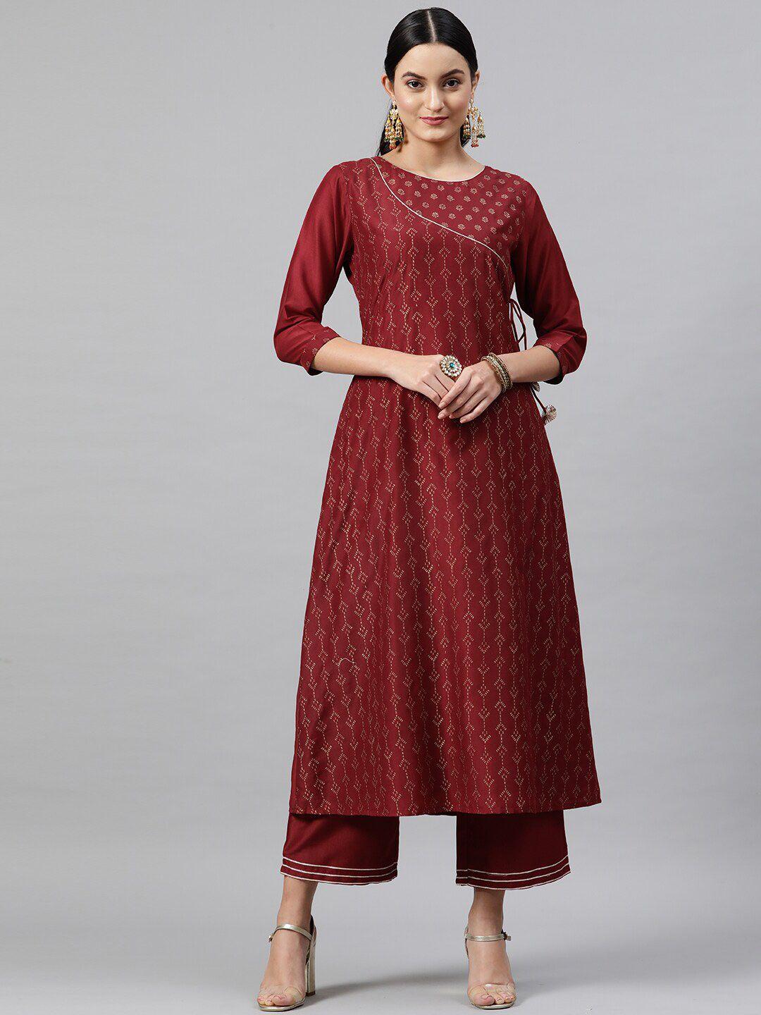indo street ethnic motif printed foil sequinned angrakha pure cotton kurta with palazzos