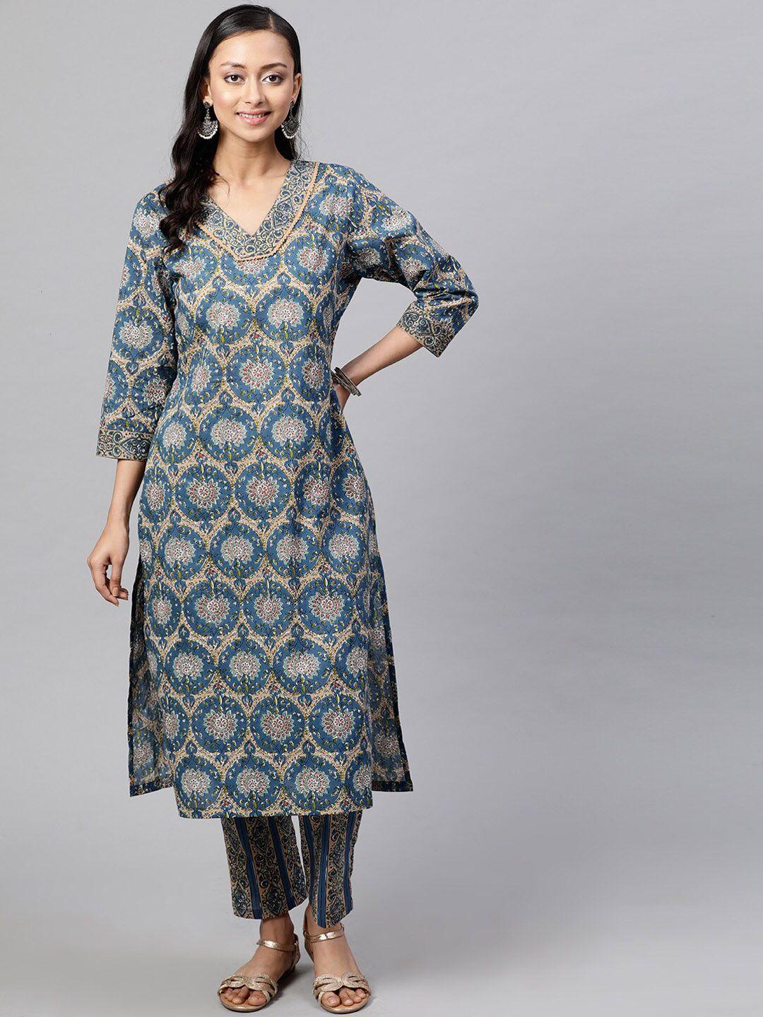 indo street ethnic motif printed v neck pure cotton kurta with trousers