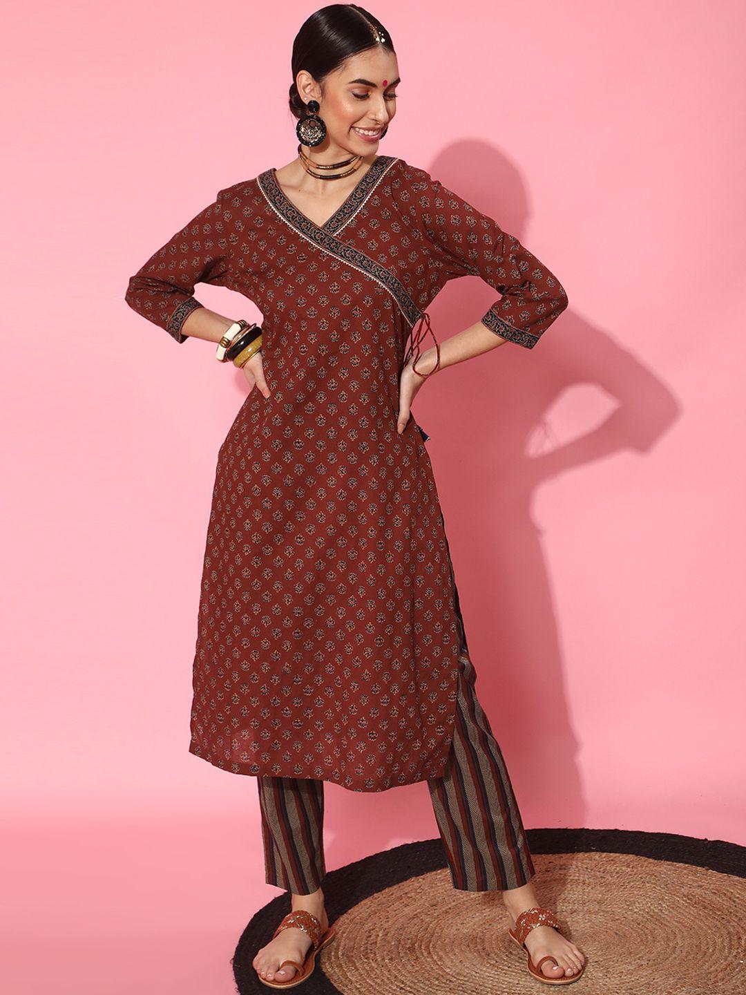 indo street ethnic motifs printed angrakha pure cotton kurta with trousers