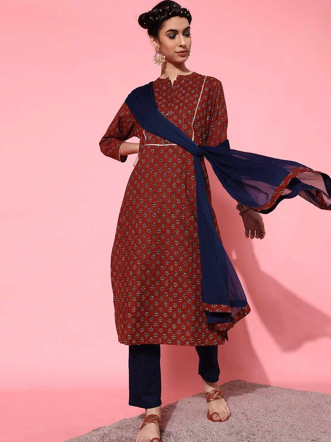 indo street ethnic motifs printed gotta patti pure cotton kurta with trousers with dupatta