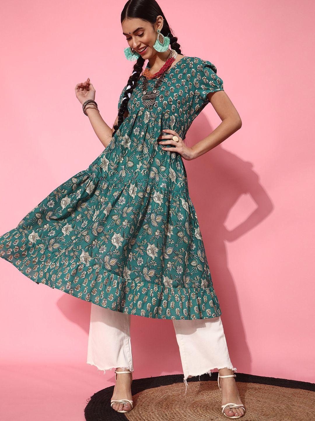 indo street ethnic motifs printed puff sleeves pure cotton tiered kurta