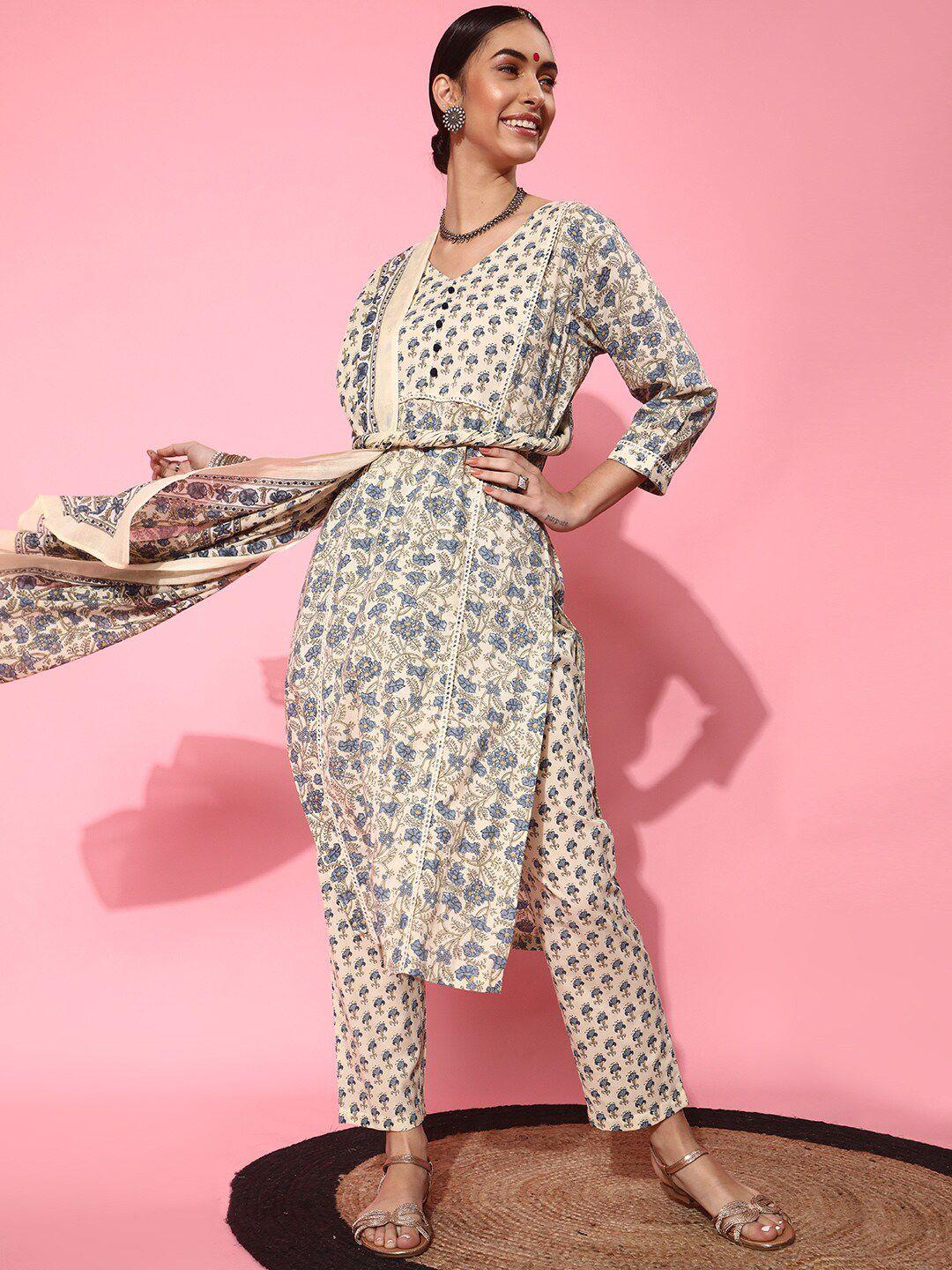 indo street ethnic motifs printed pure cotton kurta with trousers with dupatta