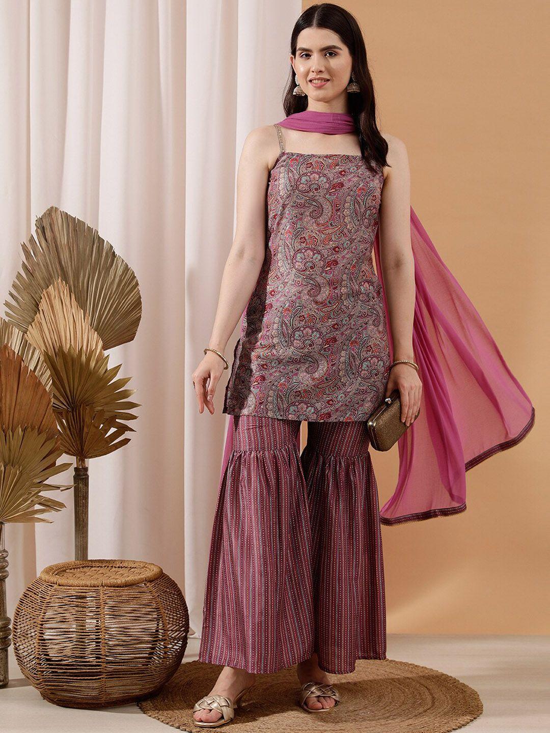 indo street ethnic motifs printed regular silk crepe kurti with sharara & with dupatta