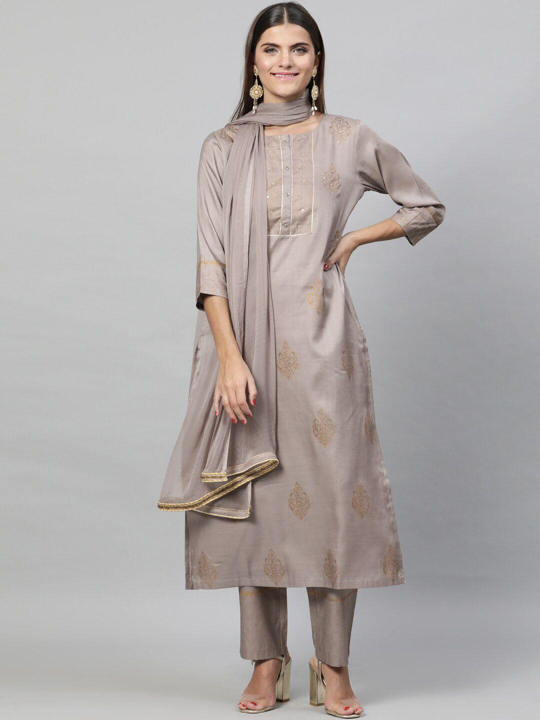 indo street ethnic motifs printed sequined a-line kurta with trousers & dupatta
