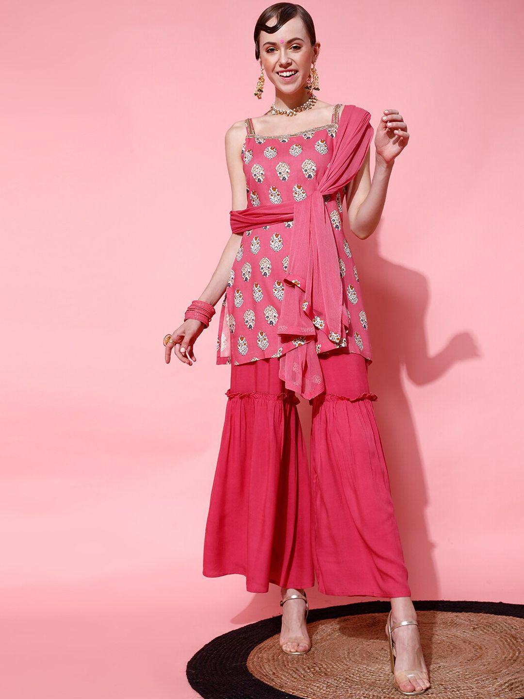 indo street ethnic motifs printed shoulder straps gotta patti kurti with sharara & dupatta