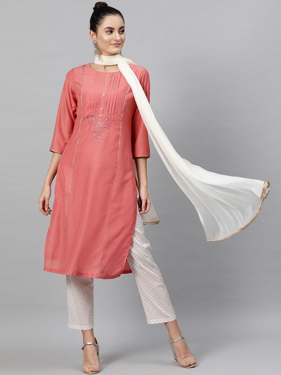 indo street floral embroidered panelled pure cotton kurta with trousers & dupatta