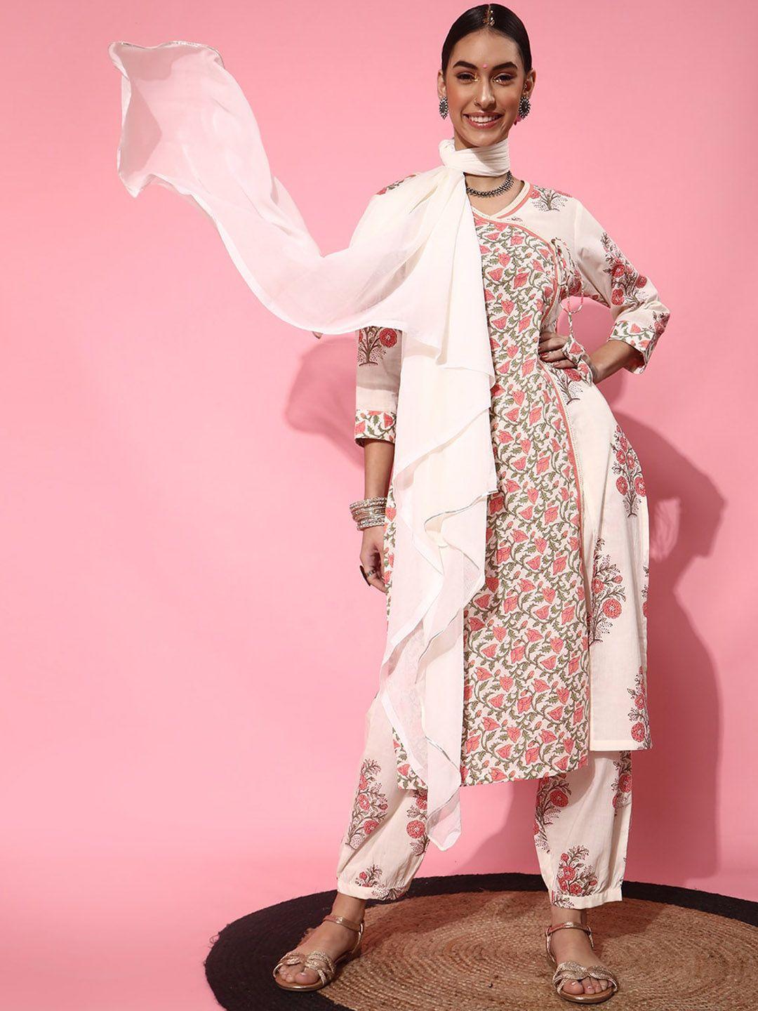 indo street floral printed angrakha a-line pure cotton kurta with salwar & dupatta