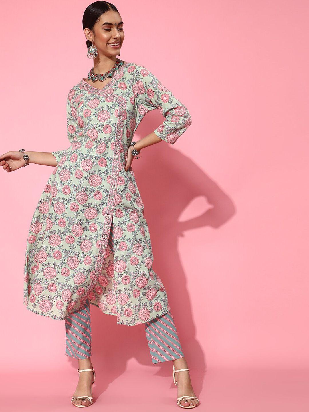 indo street floral printed angrakha pure cotton kurta with trousers
