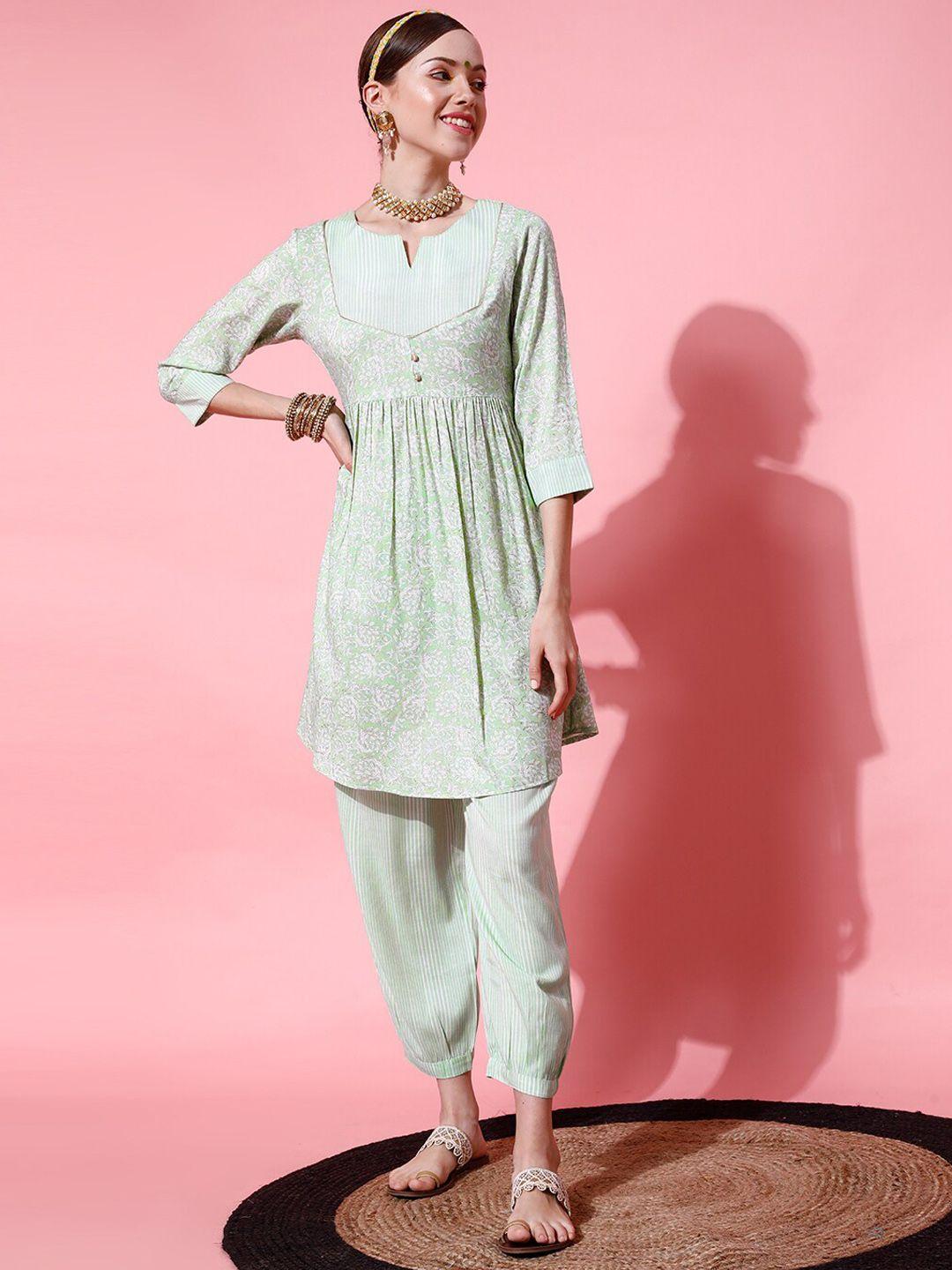 indo street floral printed notched neck a-line kurta with salwar