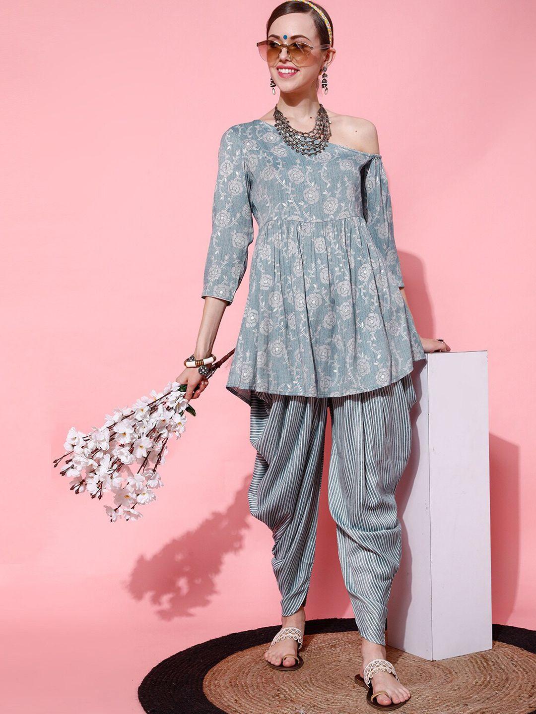 indo street floral printed one sleeve empire kurti with dhoti pants