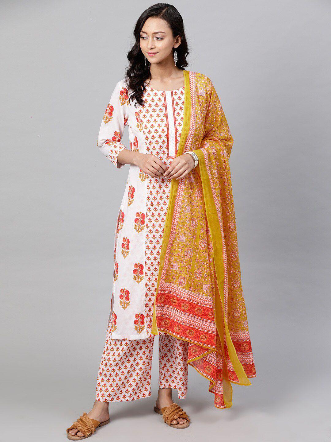 indo street floral printed panelled pure cotton kurta with palazzos & dupatta