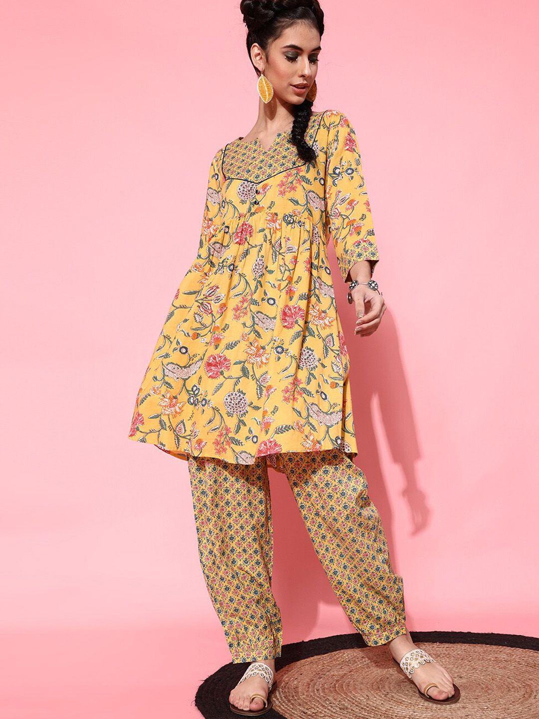 indo street floral printed pure cotton a-line kurti with salwar