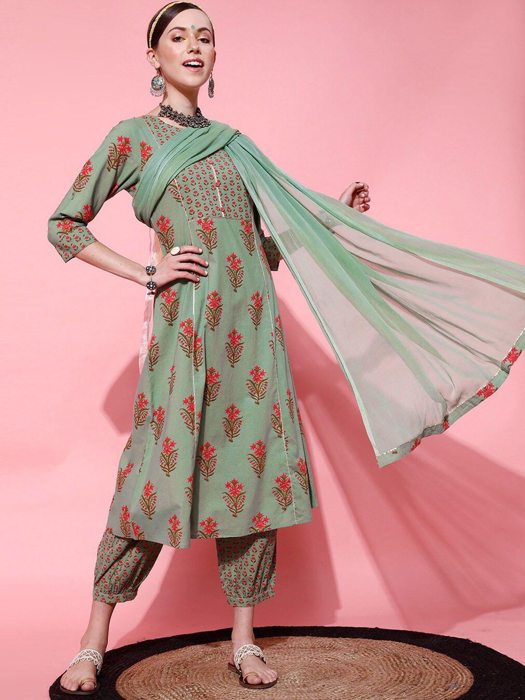 indo street floral printed pure cotton kurta with salwar & dupatta