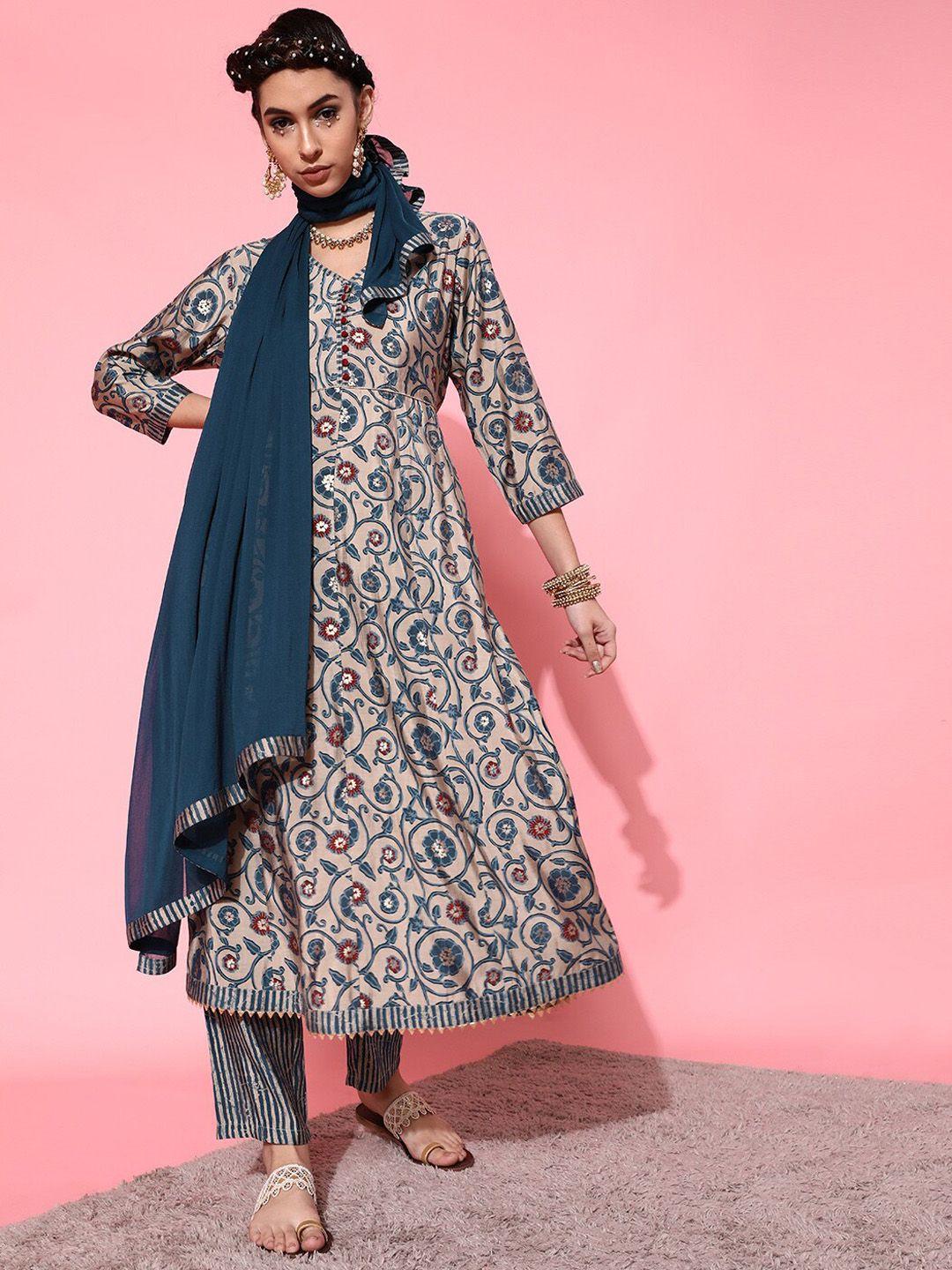 indo street floral printed pure cotton kurta with trousers & dupatta