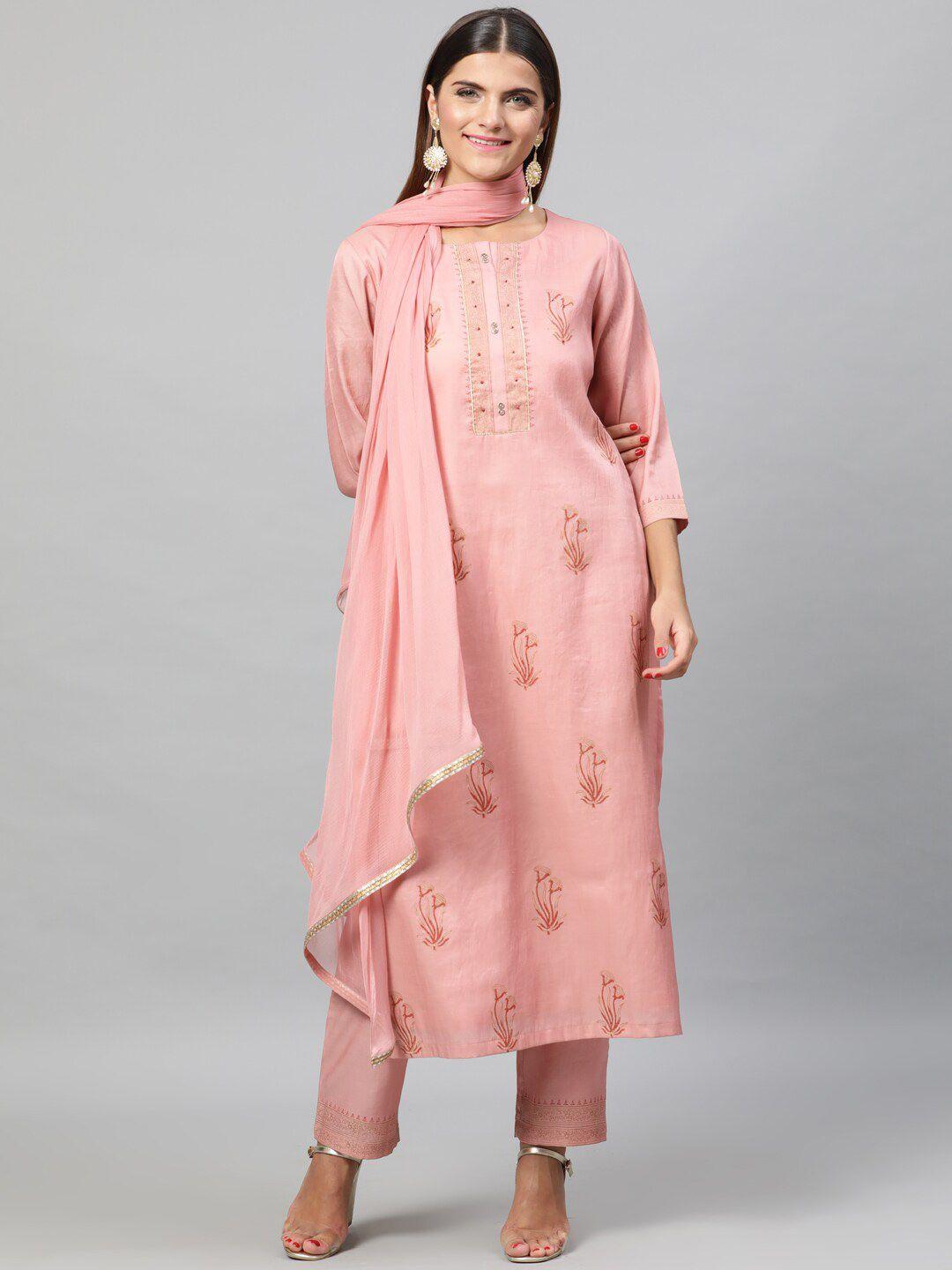 indo street floral printed sequins & beads detail kurta with trousers & dupatta