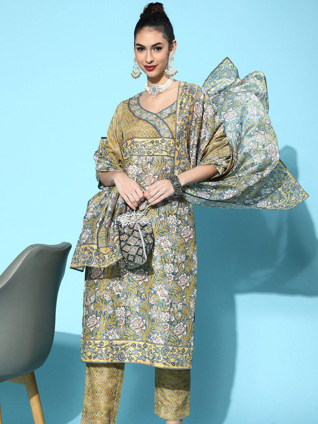 indo street floral printed straight kurta with trousers & dupatta