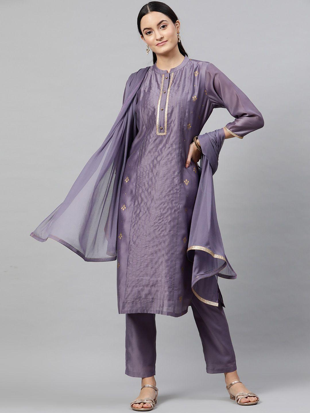 indo street floral woven design thread work pure cotton kurta with trousers & dupatta