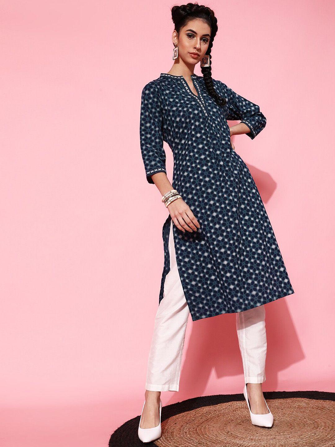 indo street geometric printed band collar cotton straight kurta