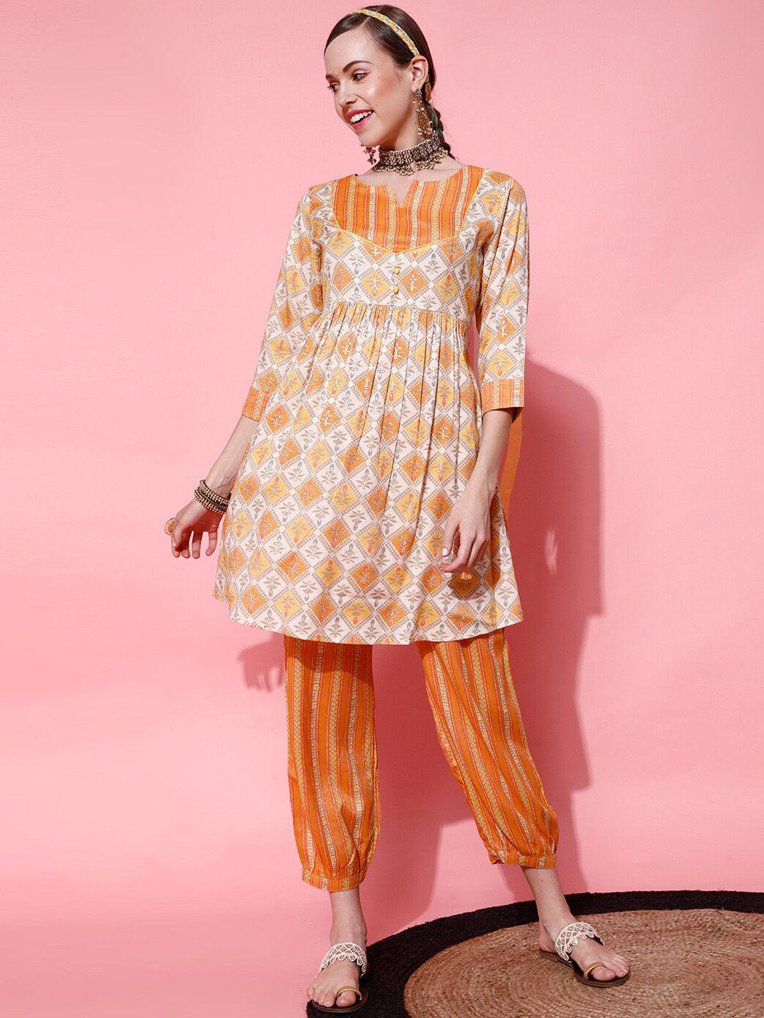 indo street notched neck ethnic motifs printed kurta with trousers
