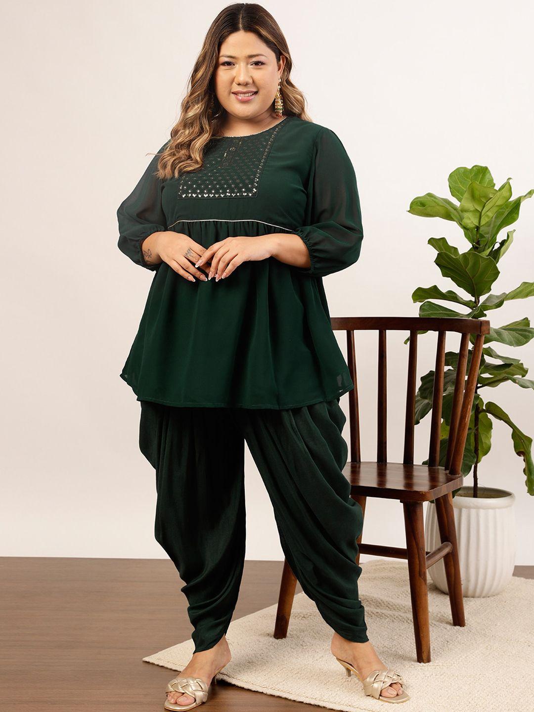 indo street plus size floral yoke design regular sequinned kurta with dhoti pants