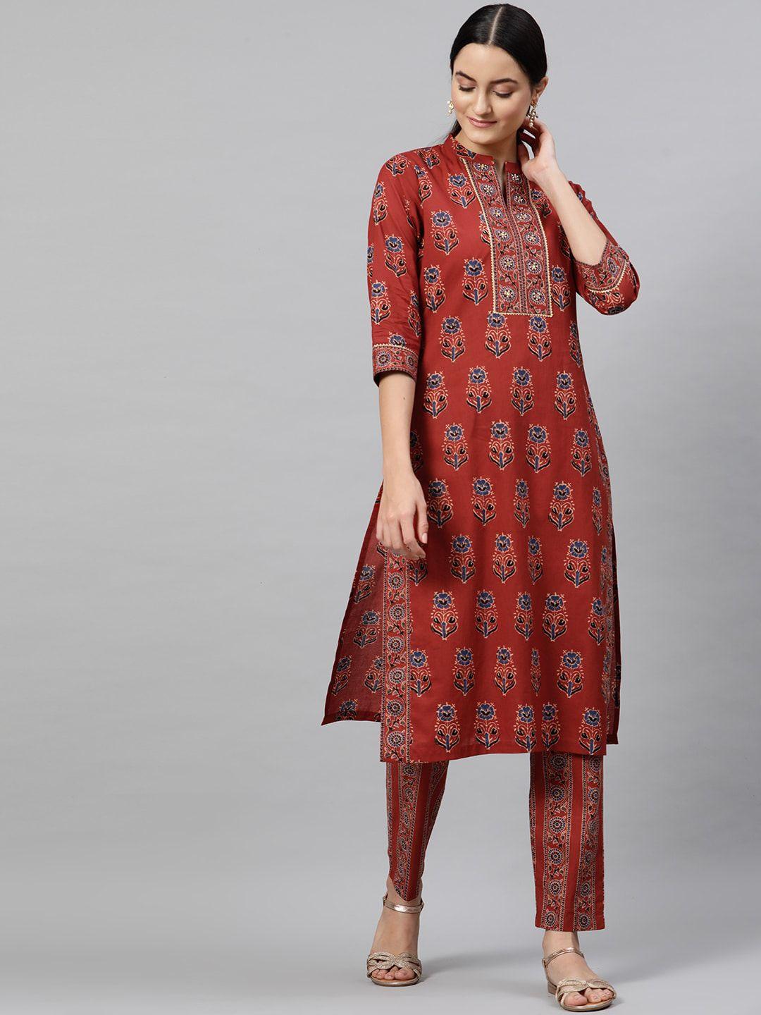 indo street printed band collar beads & stones pure cotton kurta with trousers