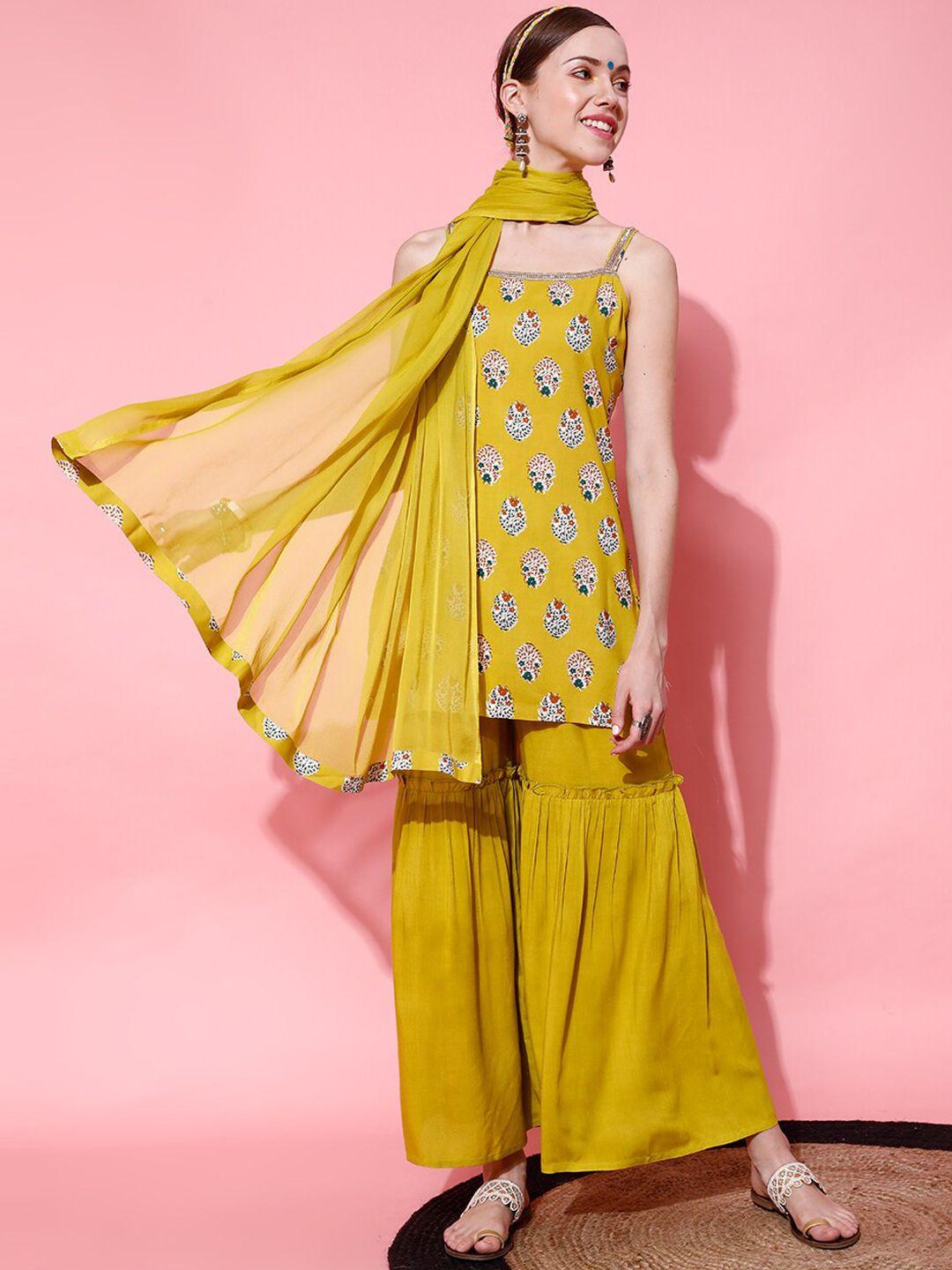 indo street sleeveless ethnic motifs printed gotta patti kurti with sharara & dupatta