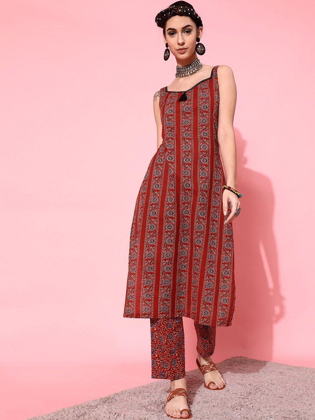 indo street sleeveless floral printed pure cotton kurta with trousers