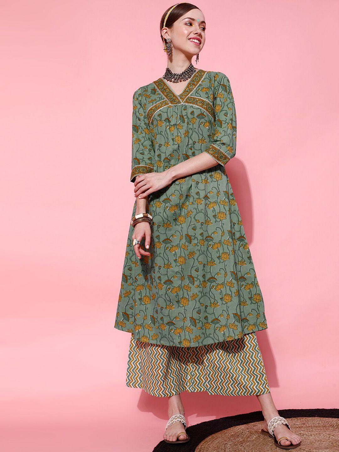 indo street v-neck floral printed gotta patti a-line pure cotton kurta with palazzos