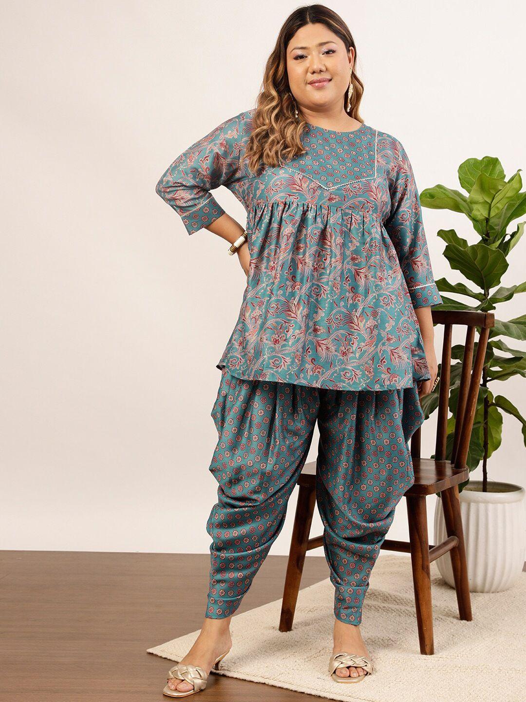 indo street women blue ethnic motifs printed empire kurti with dhoti pants