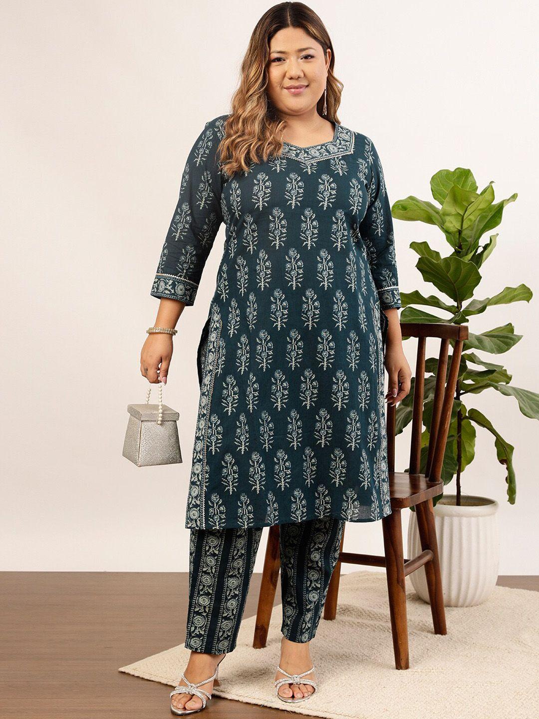 indo street women blue floral printed regular pure cotton kurta with trousers