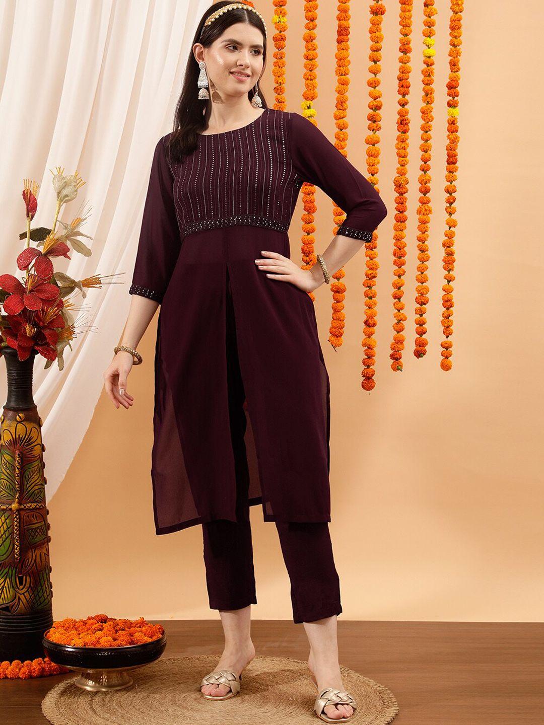 indo street women burgundy ethnic motifs yoke design regular sequinned kurta with trousers