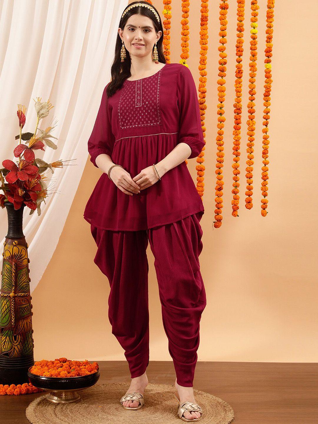 indo street women fuchsia ethnic motifs embroidered regular sequinned kurti with dhoti pants