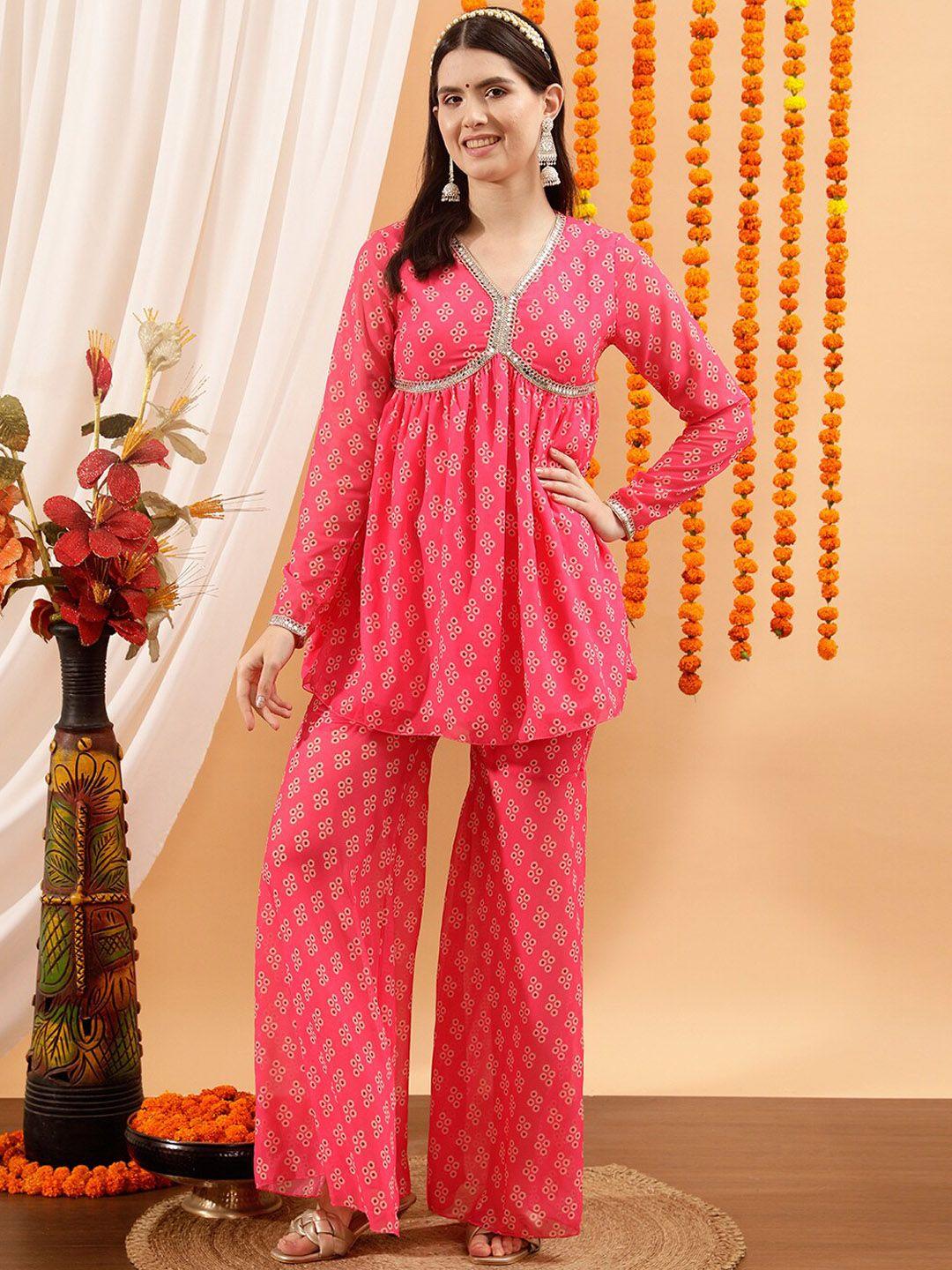 indo street women pink floral printed regular kurta with trousers