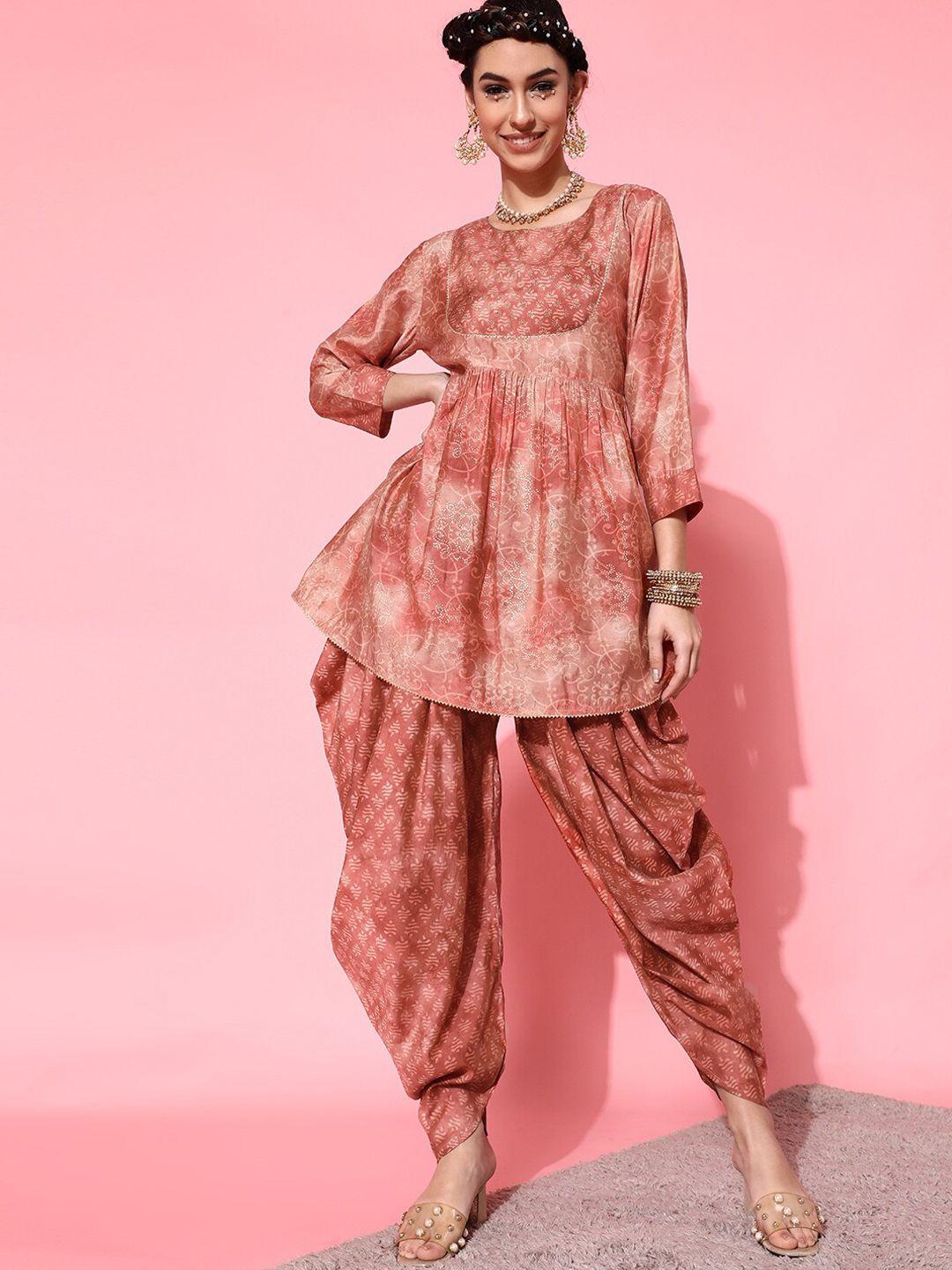 indo street women pink printed kurti with dhoti pants