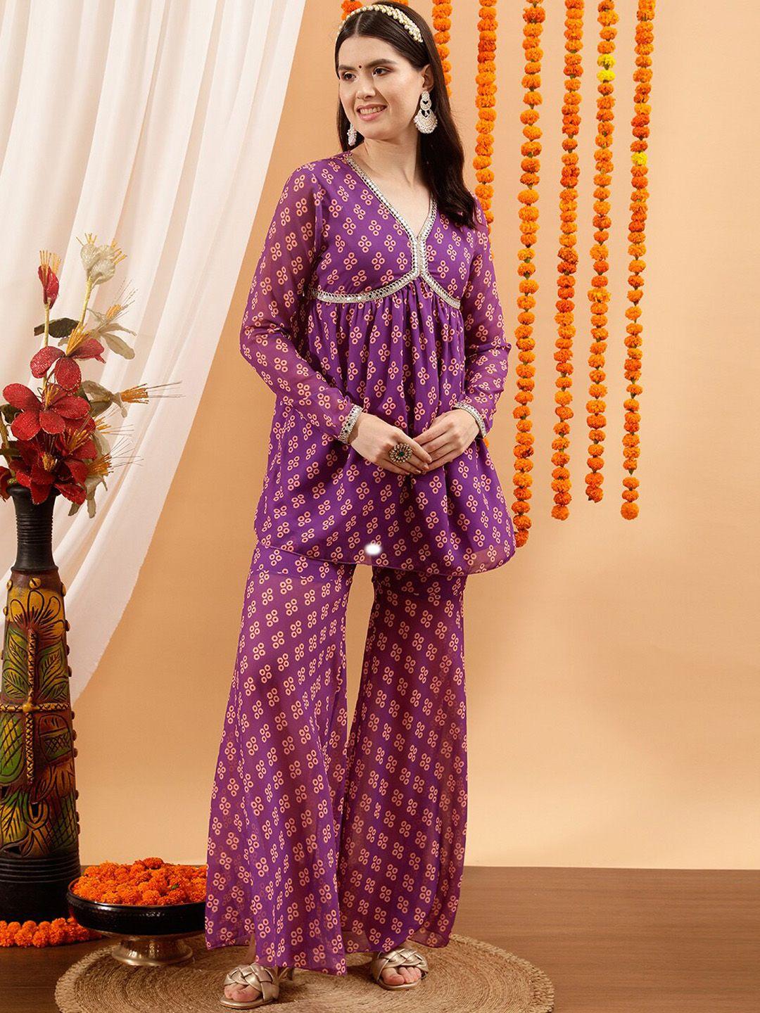 indo street women purple ethnic motifs printed empire thread work kurti with sharara