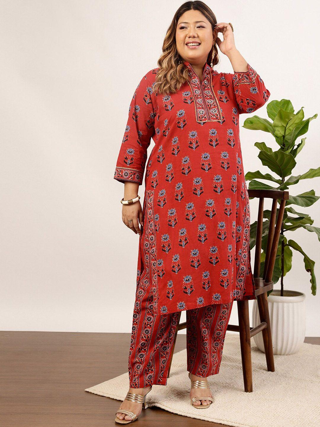 indo street women rust ethnic motifs printed regular thread work pure cotton kurta with trousers