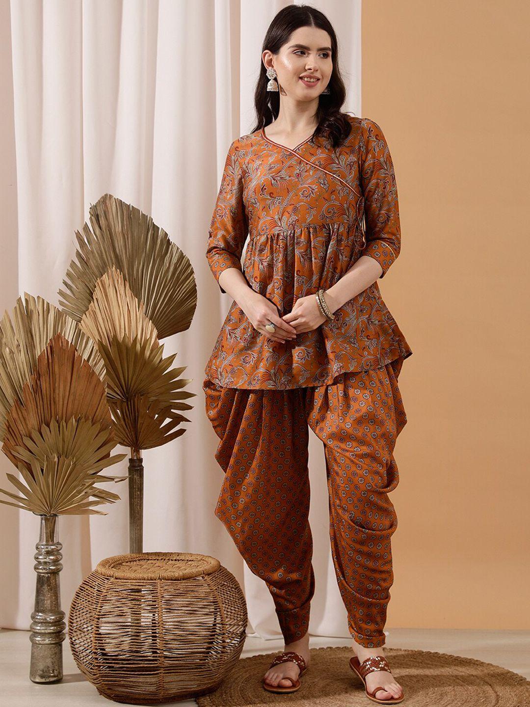 indo street women rust floral printed regular kurti with dhoti pants