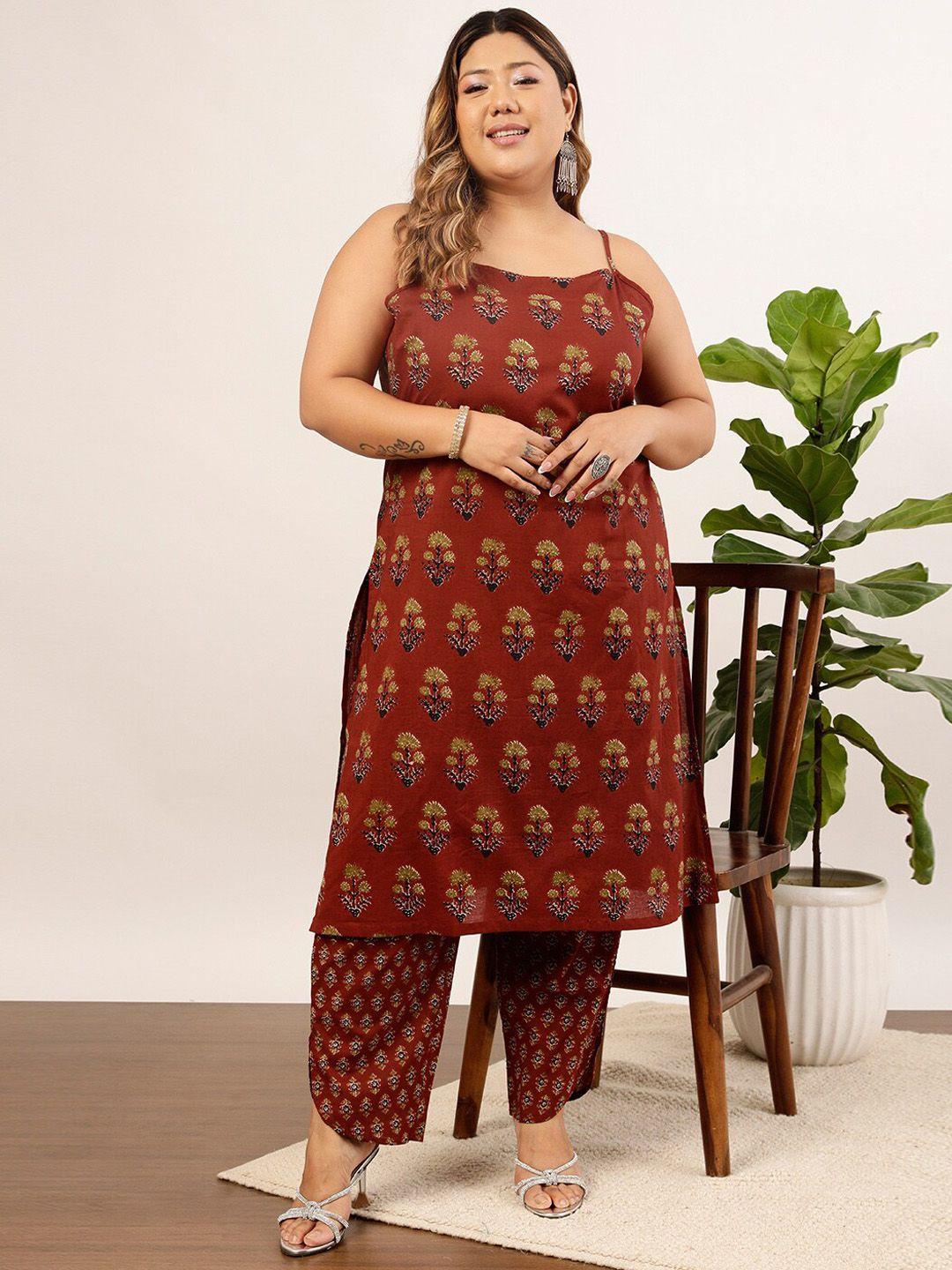 indo street women rust floral printed regular pure cotton kurta with trousers