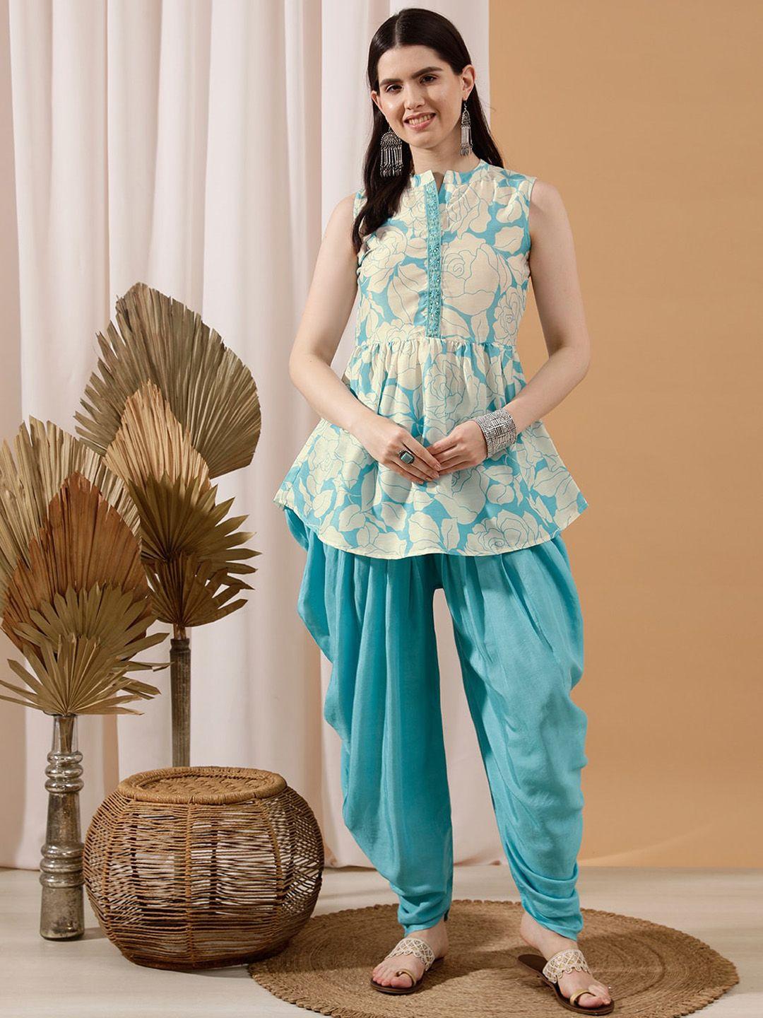 indo street women turquoise blue floral printed regular silk crepe kurti with dhoti pants