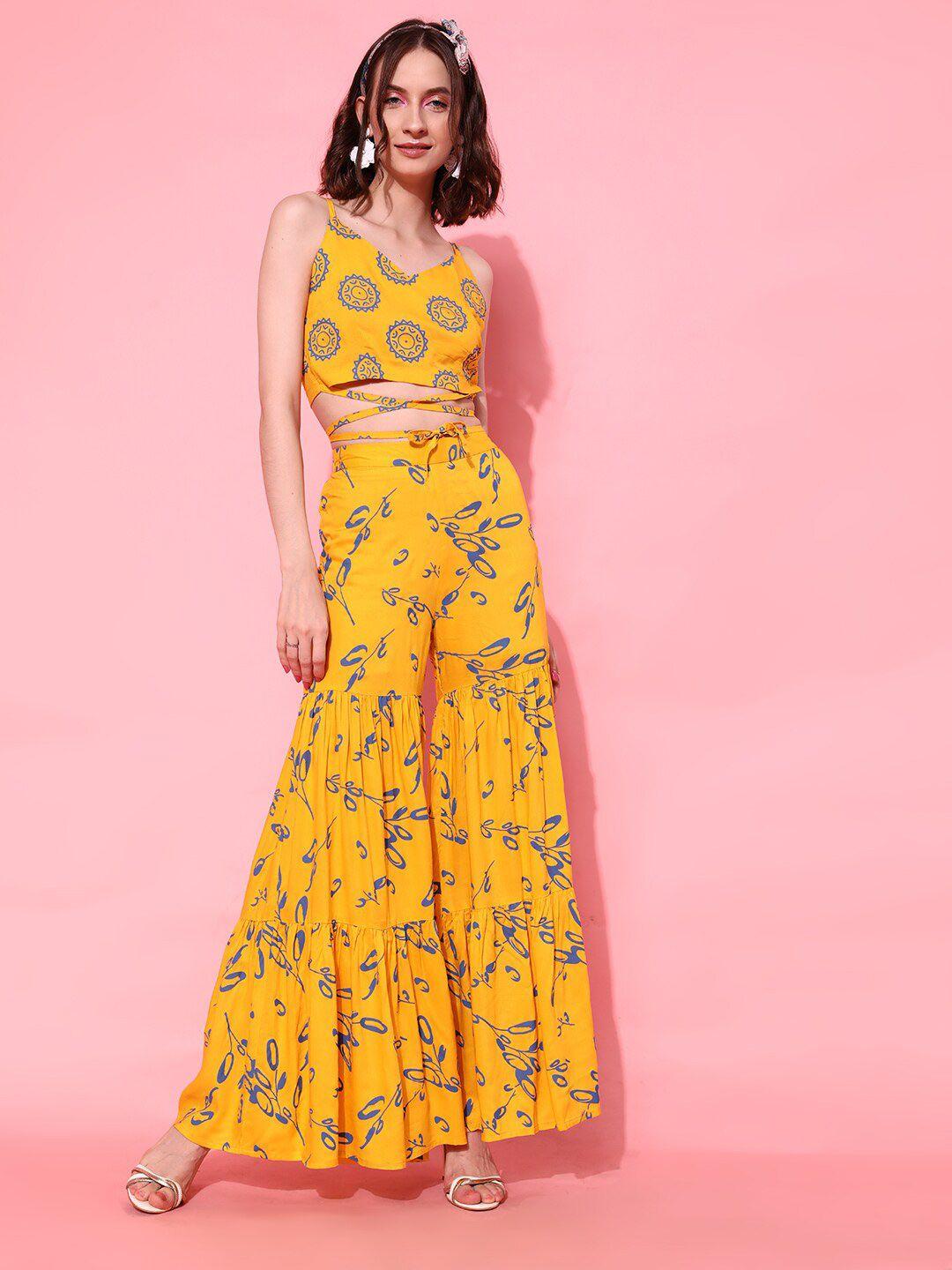 indo street yellow printed top with palazzos co-ords set