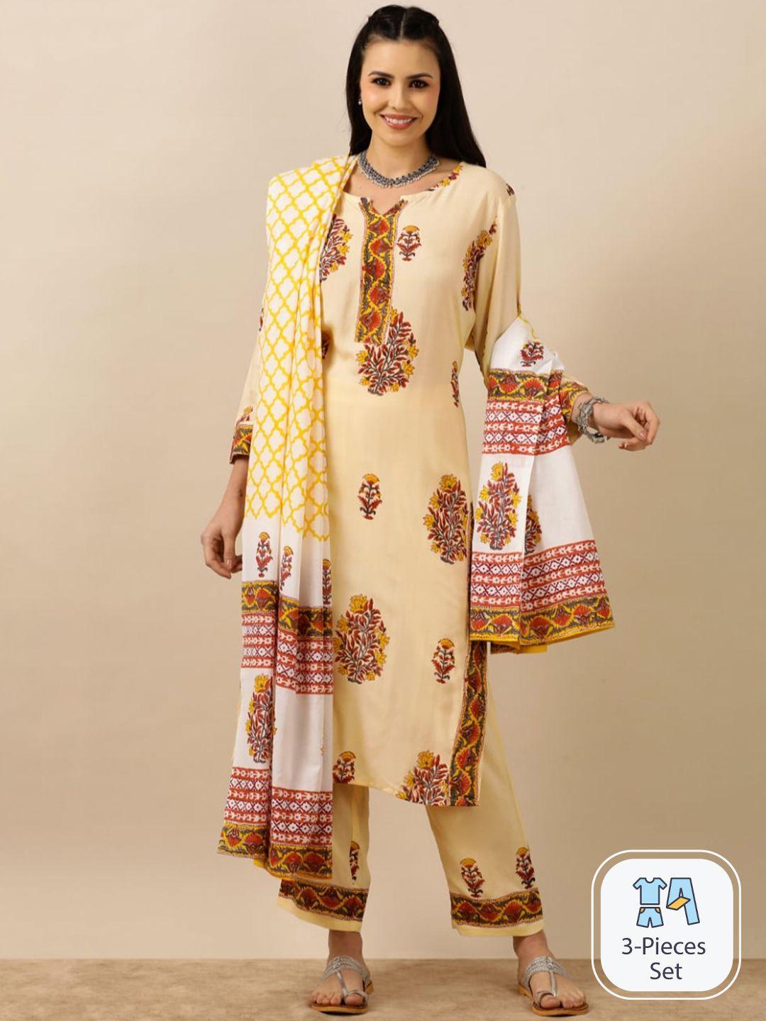 indokash ethnic motifs printed pure cotton kurta & trousers with dupatta