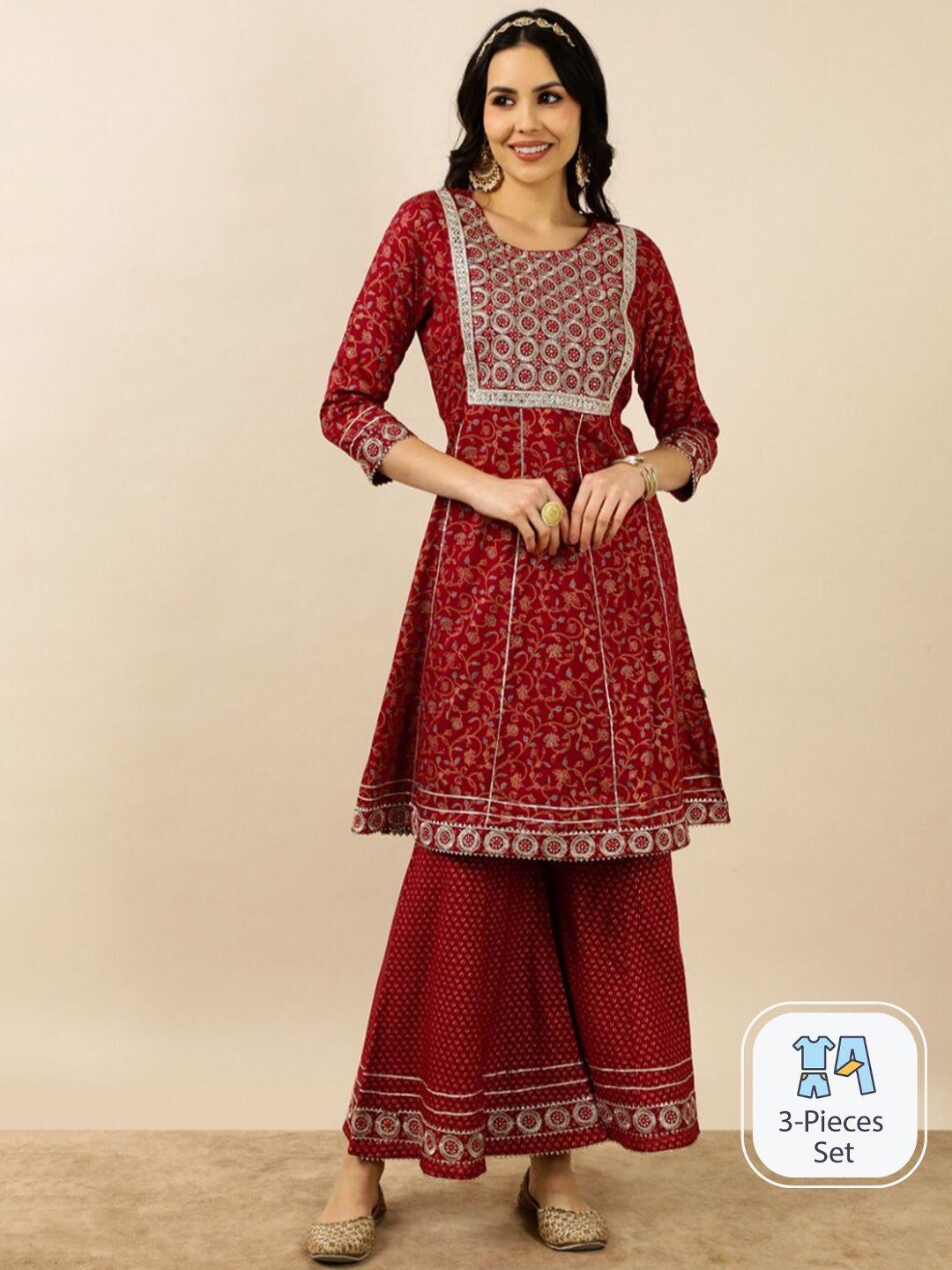 indokash ethnic motifs embroidered a-line kurta with sharara & dupatta