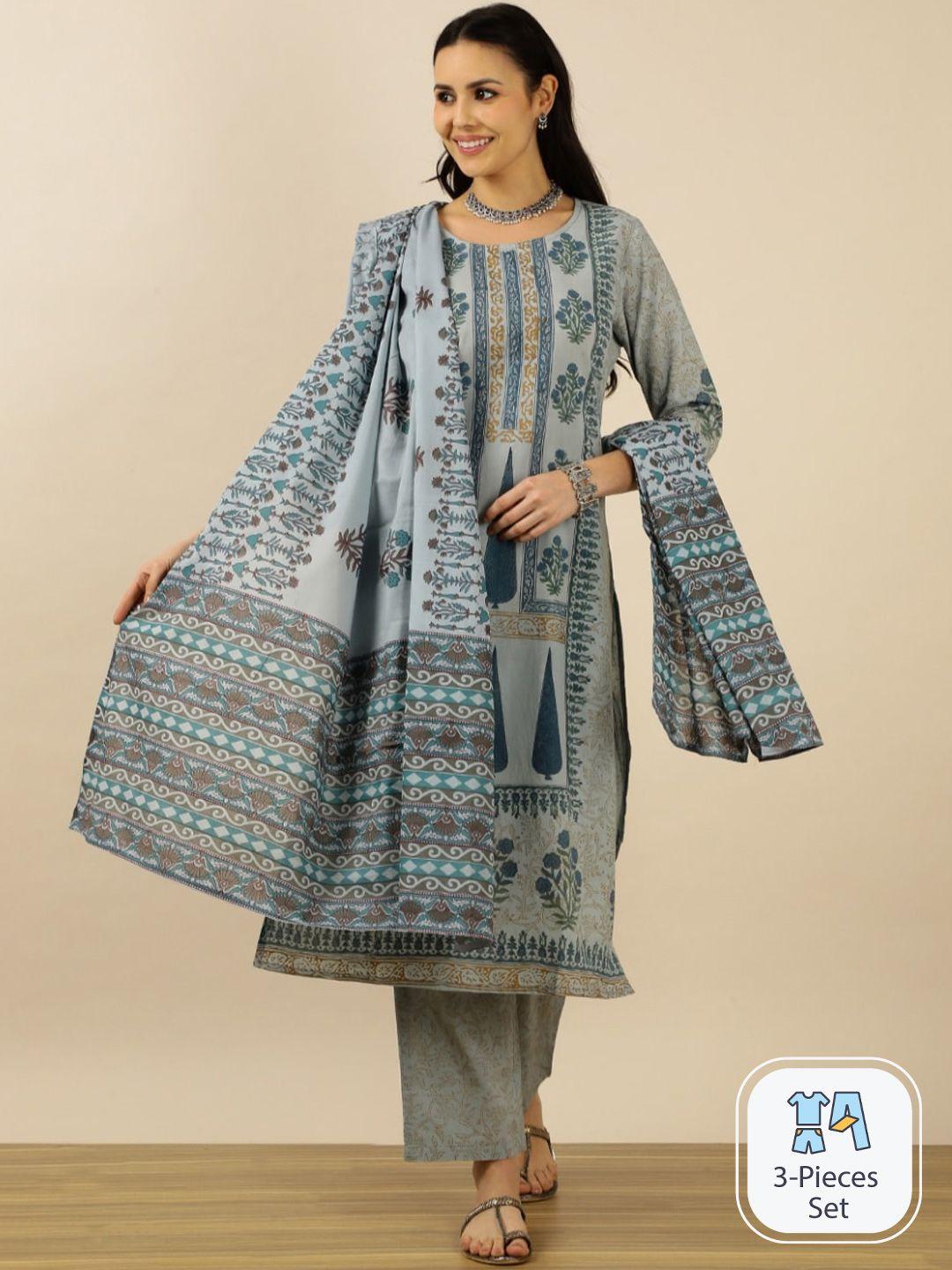 indokash ethnic motifs printed pure cotton regular kurta with trousers & with dupatta