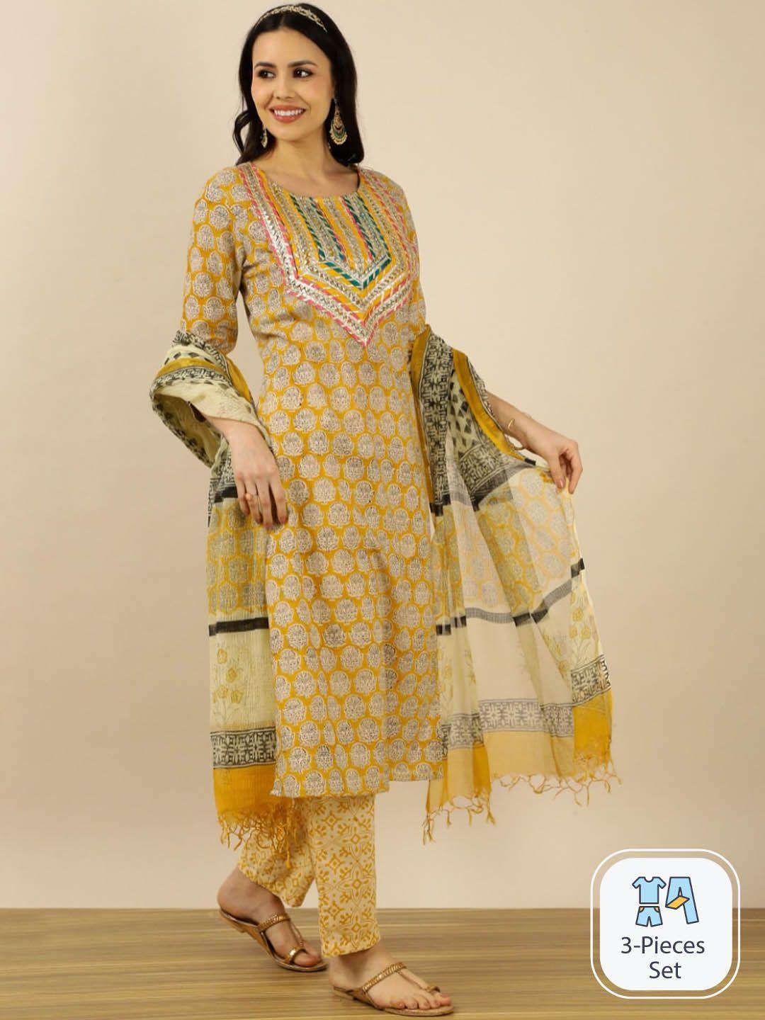 indokash ethnic motifs printed pure cotton straight kurta & trousers with dupatta